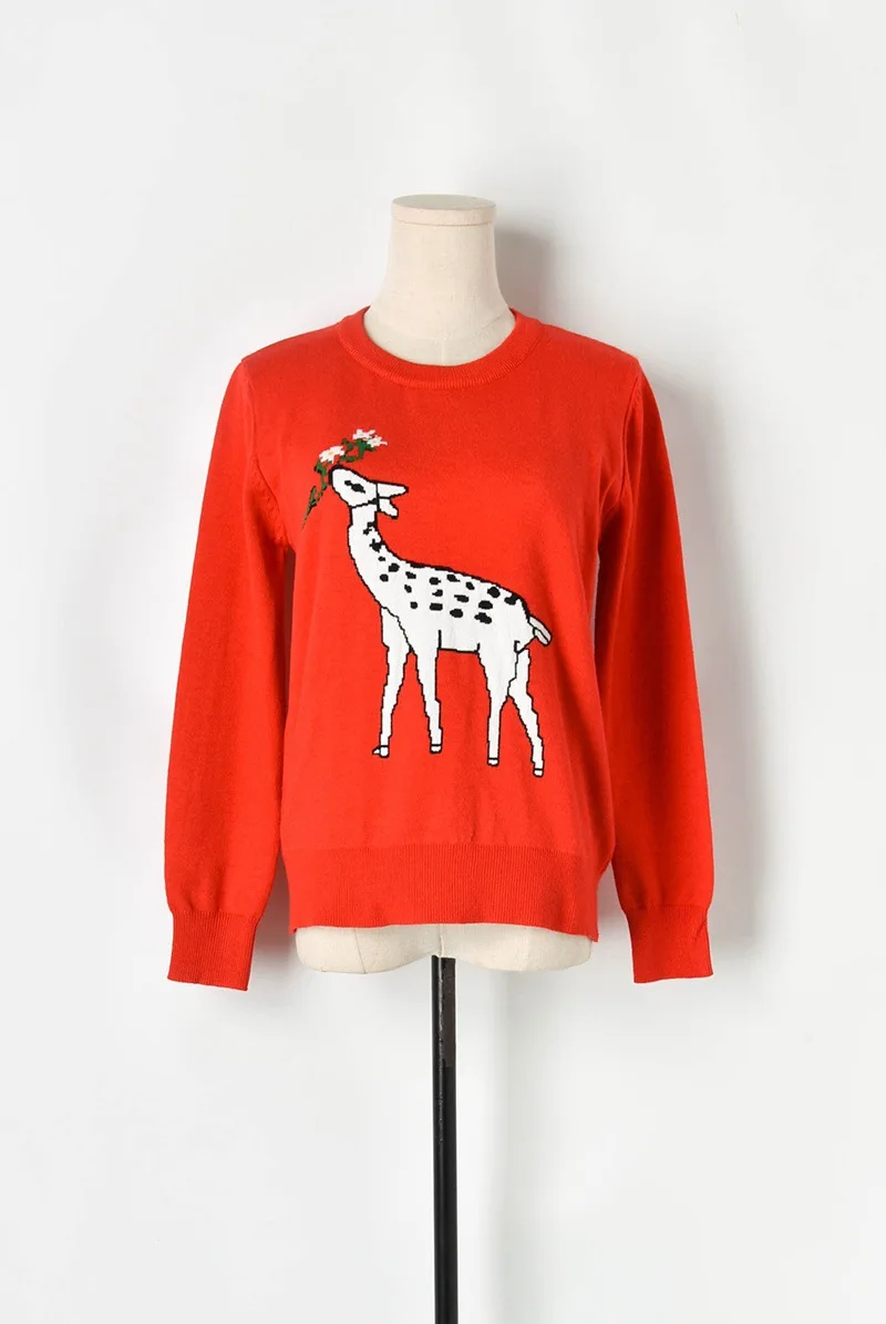 Фото 2019 Early Fall Women Red Sweaters Runway Designer Round Neck Long Sleeve Fawn Pattern Loose Knitted Pullovers Women's Jumper Женская 2019 Early Fall Women Red Sweaters Runway Designer Round Neck Long Sleeve Fawn Pattern Loose Knitted Pullovers Women's Jumper Женская