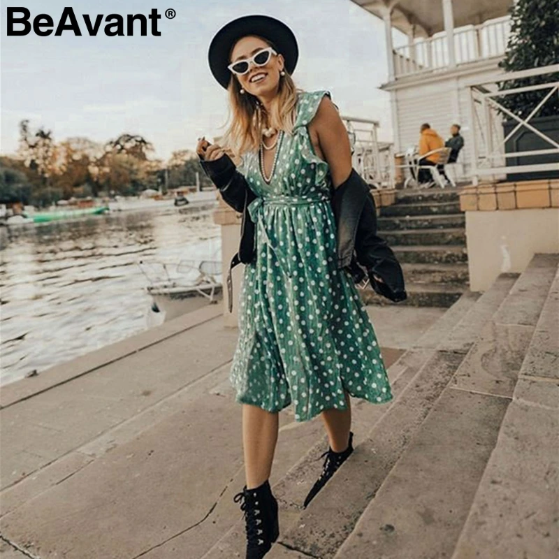 Женское платье в горошек BeAvant винтажное пляжное с оборками без рукавов