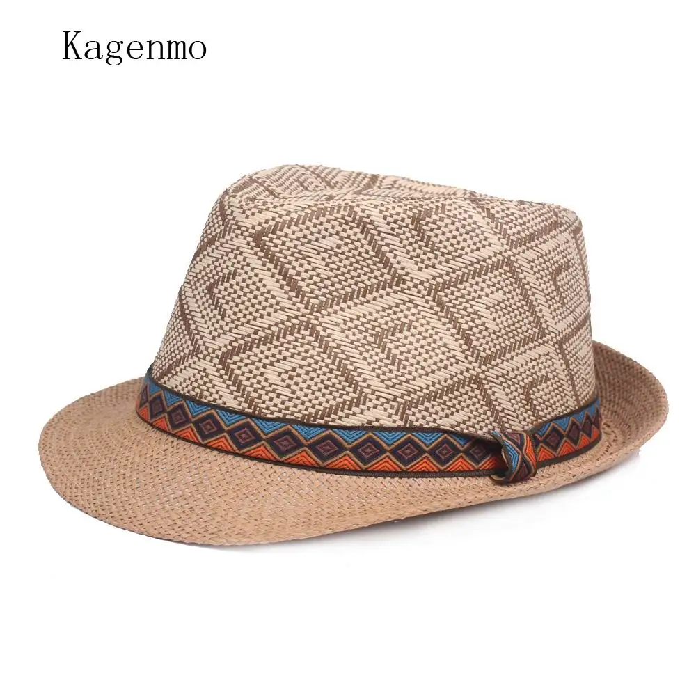 

Kagenmo Straw Jazz Hat Outdoor Casual Unisex Weave Fedoras Fashion Leisure Topper Gentleman Retro Cap Breathable Straw