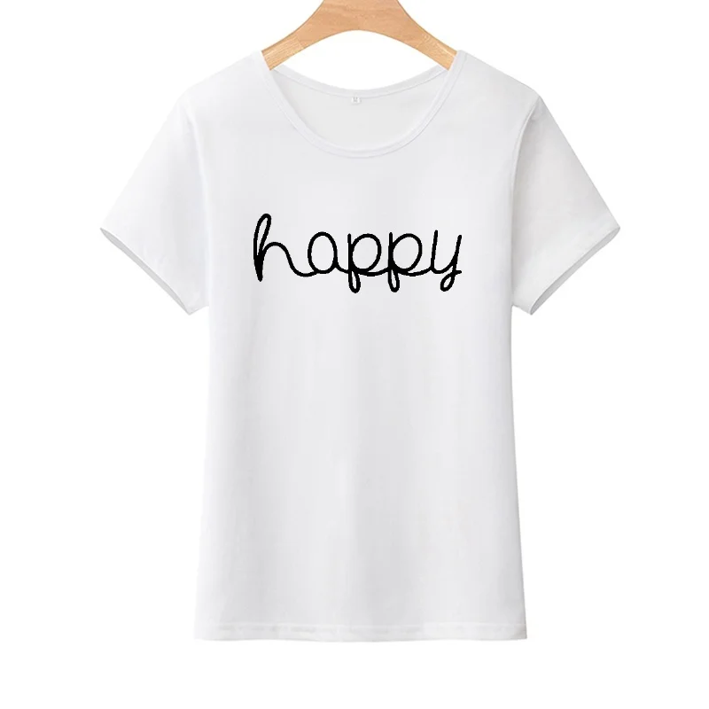 HAPPY Hipster Print T Shirt for Women Short Sleeve Loose Casual Summer Streetwear Black &amp White tee shirt femme | Женская одежда