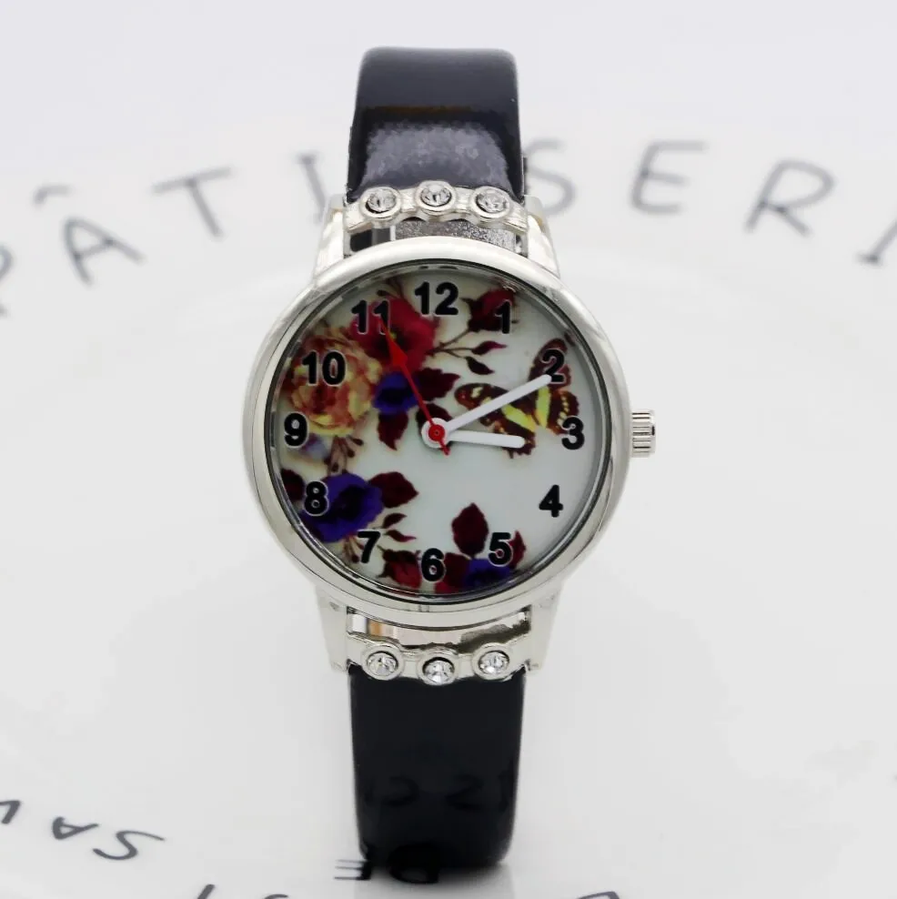 butterfly Kids Watches For Girls Children's with Diamond Cartoon Watch Leather Girl Clock relogio infantil | Наручные часы