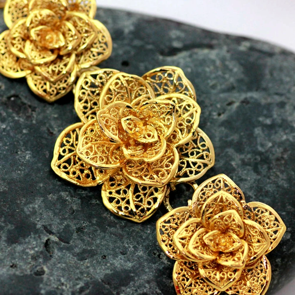 Цветок филигранный браслет цельный желтый золотой заполненный женский