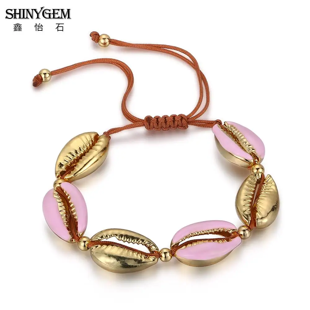 

ShinyGem Natural Stone Pink Gold Seashell Charm Bracelets Adjustable Handmade Contracted Style Bohemian Boho Delicate For Women