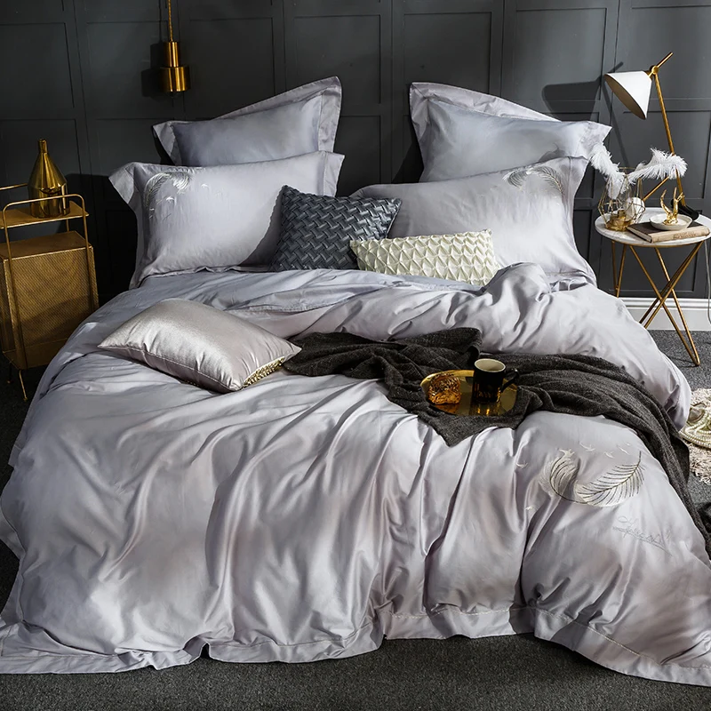 grey feather embroidery bedding sets egyptian cotton bed set queen king size duvet cover sheet pillowcase 4/6pcs | Дом и сад