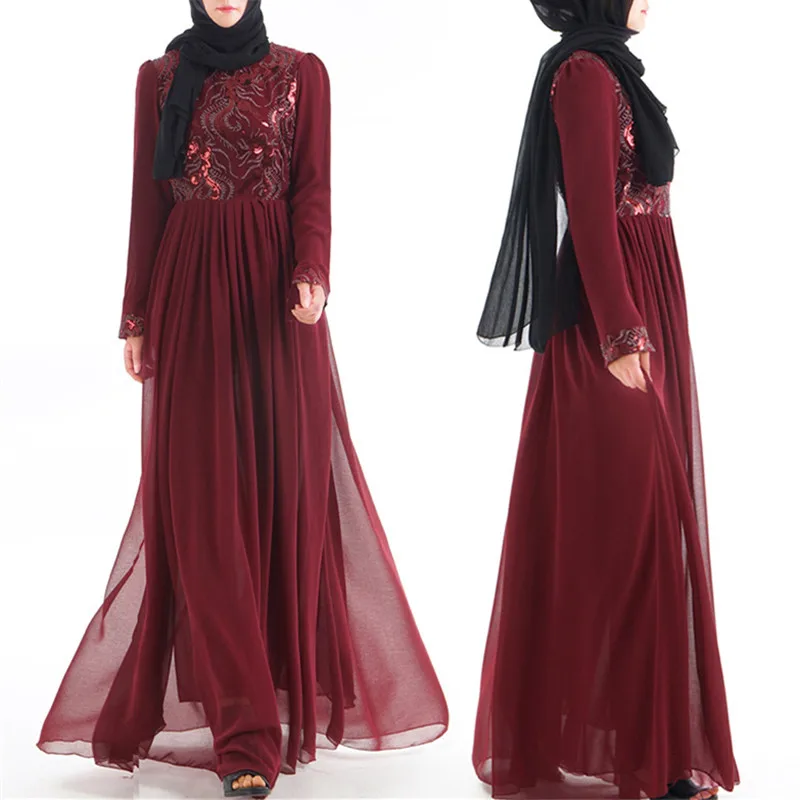 Wine Red Исламские женские вышитые шифоновые абаи мусульманские с длинным рукавом модное платье Арабский Дубай Турецкая женская одежда - Цвет: Wine Red