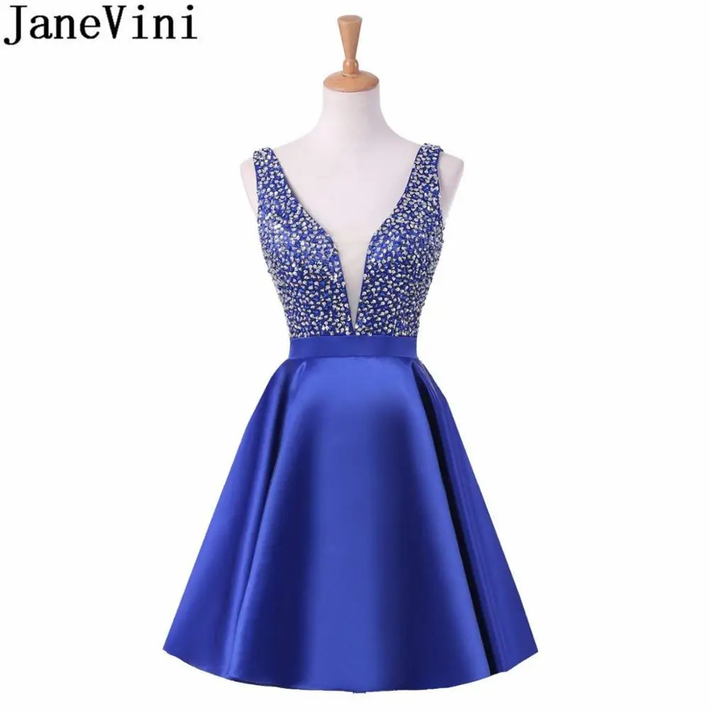 JaneVini 2019 бисером Короткие бальные платья королевский синий атласная Выпускной
