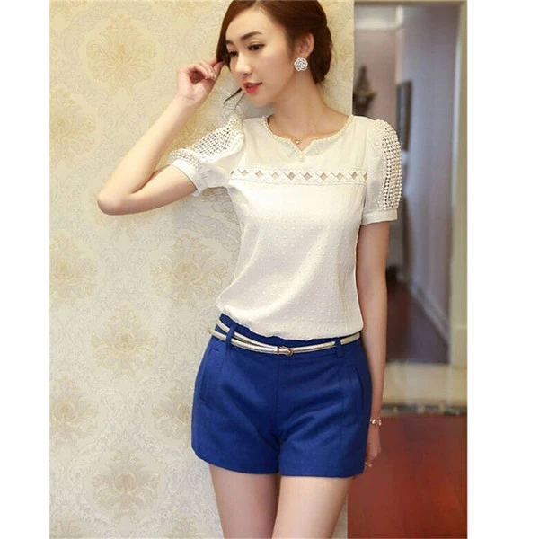 Лидер продаж белые женские шифоновые топы с короткими рукавами Ажурные