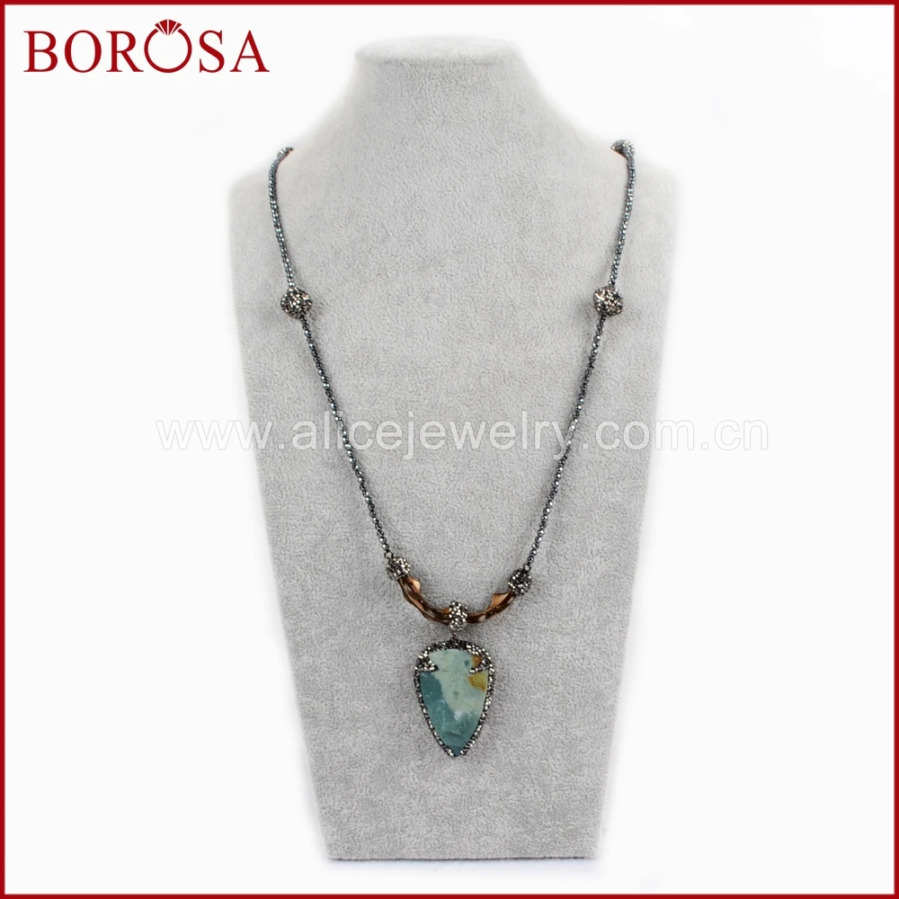 BOROSA 3PCS Rhinestone Pave Arrowhead Jaspers Pendant Necklace Drusy Long Black Beads 36'' for Women Wholesale JAB910 | Украшения и