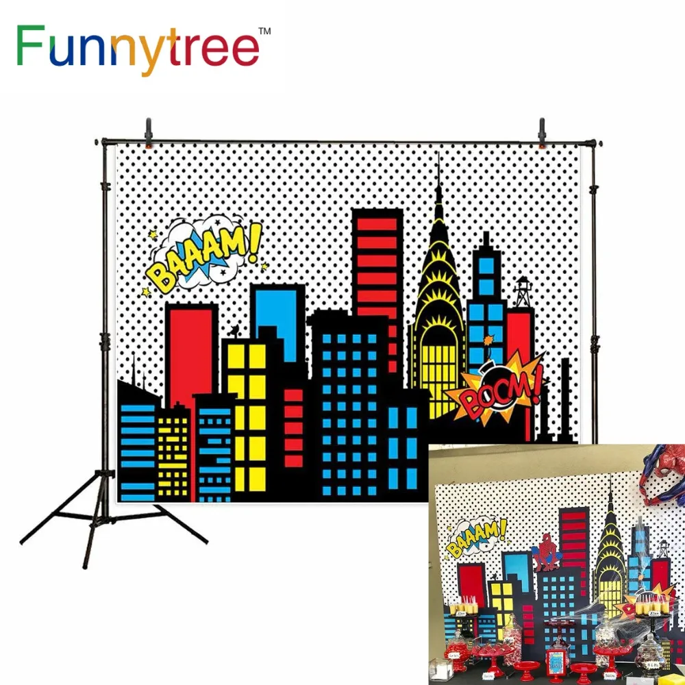 

Funnytree Superhero Birthday Backdrop Cartoon City Boom Dots Building Boy Party Photo Background Photography Photocall Banner