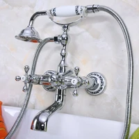polished chrome brass double cross handles wall mounted bathroom clawfoot bathtub tub faucet mixer tap whand shower ana184