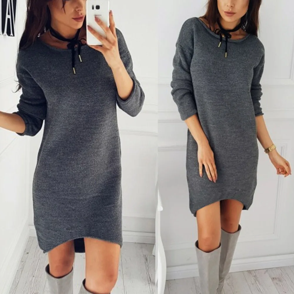 

Fashion Party Dresses Pullove Women Autumn Winter Nice Solid O-Neck Casual Mini Dress Long Sleeve Dress Above Knee Vestidos