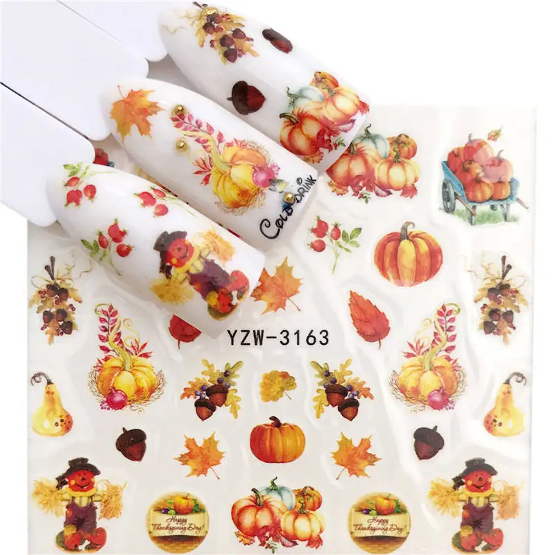 FWC 1PC Nail Stickers Maple Leaf / Clown / Pumpkin Water Decal Animal Flower Plant Pattern Sticker Nail Art Decoration