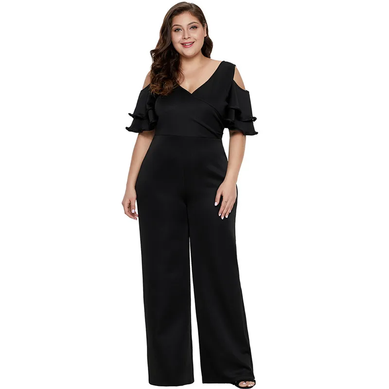 Черный комбинезон женский с v образным вырезом оборками коротким рукавом Летний