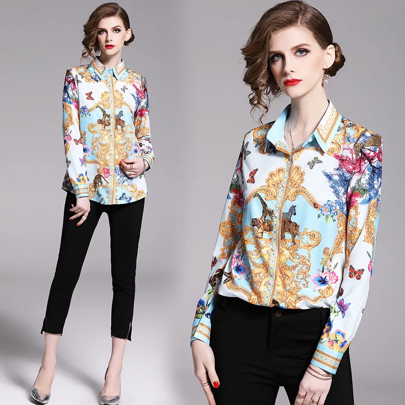 2019 Весенняя рубашка с длинными рукавами женские дизайнерские узорчатые топы