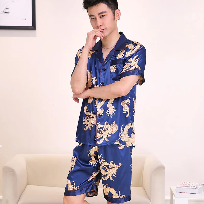 Blue shorts pajamas Мужские весенние шелковые пижамные комплекты, Мужская домашняя одежда, летняя одежда для сна, две части, половина рукава, принт, осенние пижамы - Цвет: Blue shorts pajamas
