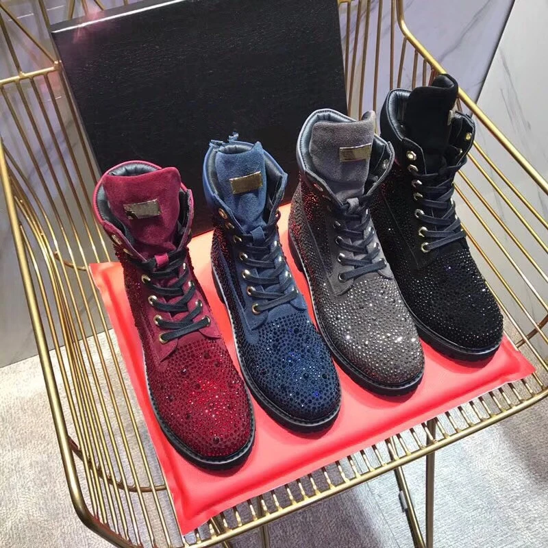 2018 Шикарные ботильоны для женщин Кристалл шипованных низкий каблук со стразами