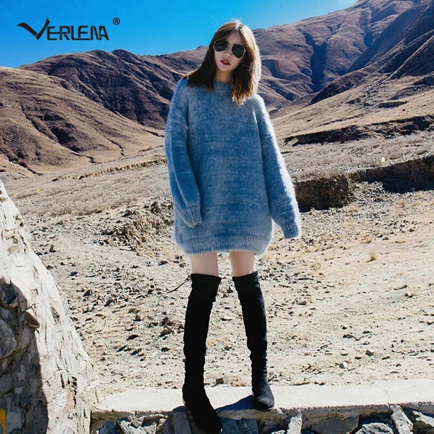 Verlena 2018 пушистый рукав летучая мышь уличная вязанный зимний негабаритный свитер