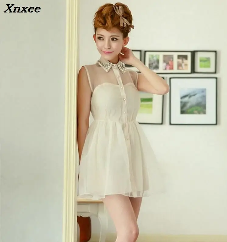 

2018 Summer Women Elegant Beading A-line Dress Turn-down Collar Organza Dress Vintage Sleeveless Short Mini Party Dresses Xnxee
