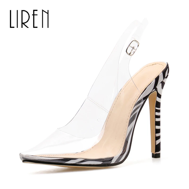 Liren/; прозрачный узор зебры леопарда; босоножки на высоком каблуке; пикантные туфли на шпильке с острым носком и пряжкой - Цвет: Black