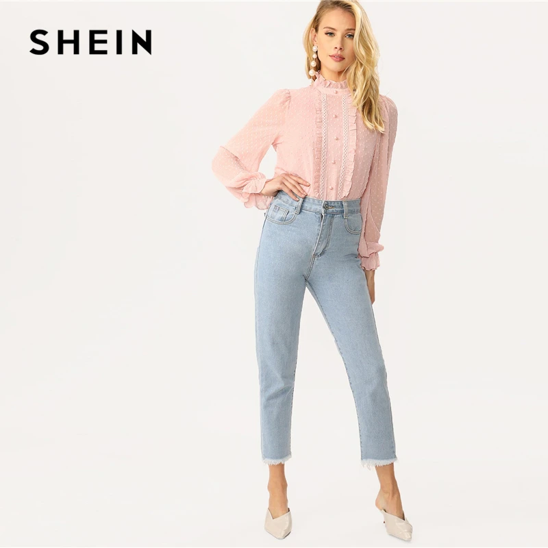 SHEIN Блузка В Горошек С Пуговицами И Оборкой Женские Весенние Романтические Блузки С Воротником-Стойкой