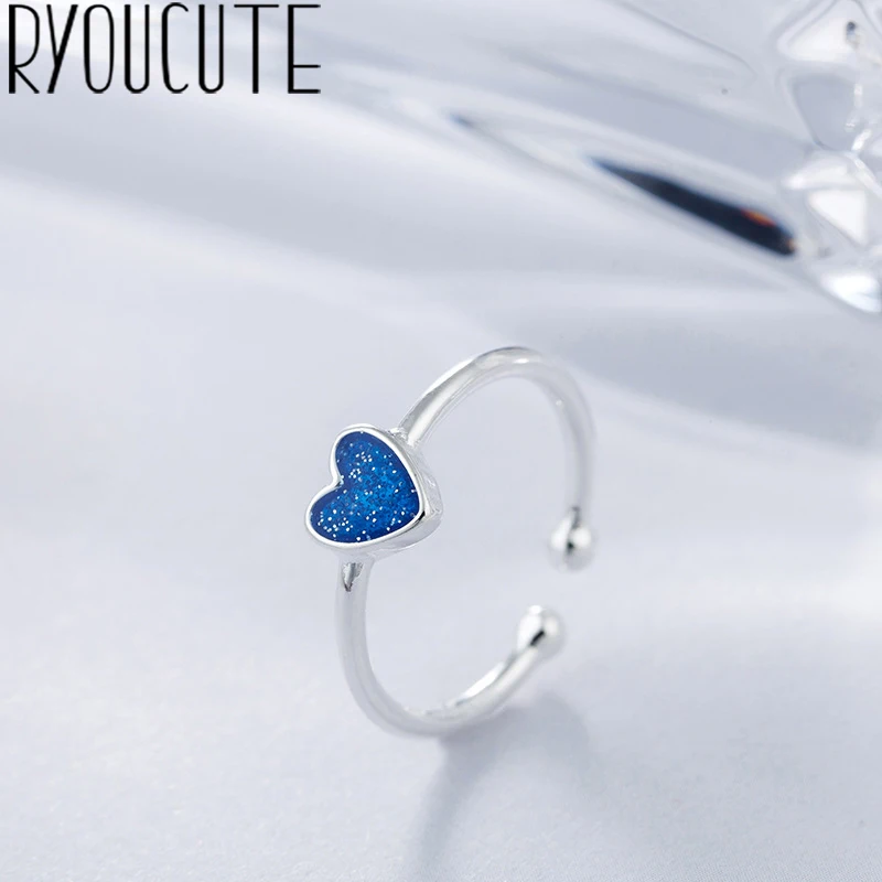 Fashion Real Silver Color Blue Heart Rings for Women Wedding Jewelry Punk Retro Antique Adjustable Size Finger Big Ring