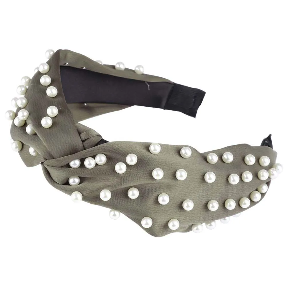 Обруч для волос с белым жемчугом и бусинами, простые элегантные аксессуары для волос для девочек, сплошная шикарная тканевая повязка на голову для женщин, широкий обруч для волос