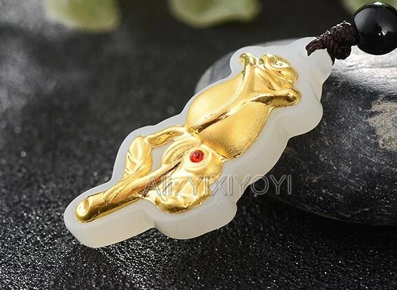 Beautiful Natural White Hetian Jade + 18K Solid Gold Inlaid Cute Rose Flower Amulet Lucky Pendant Free Necklace Fine Jewelry | Украшения и