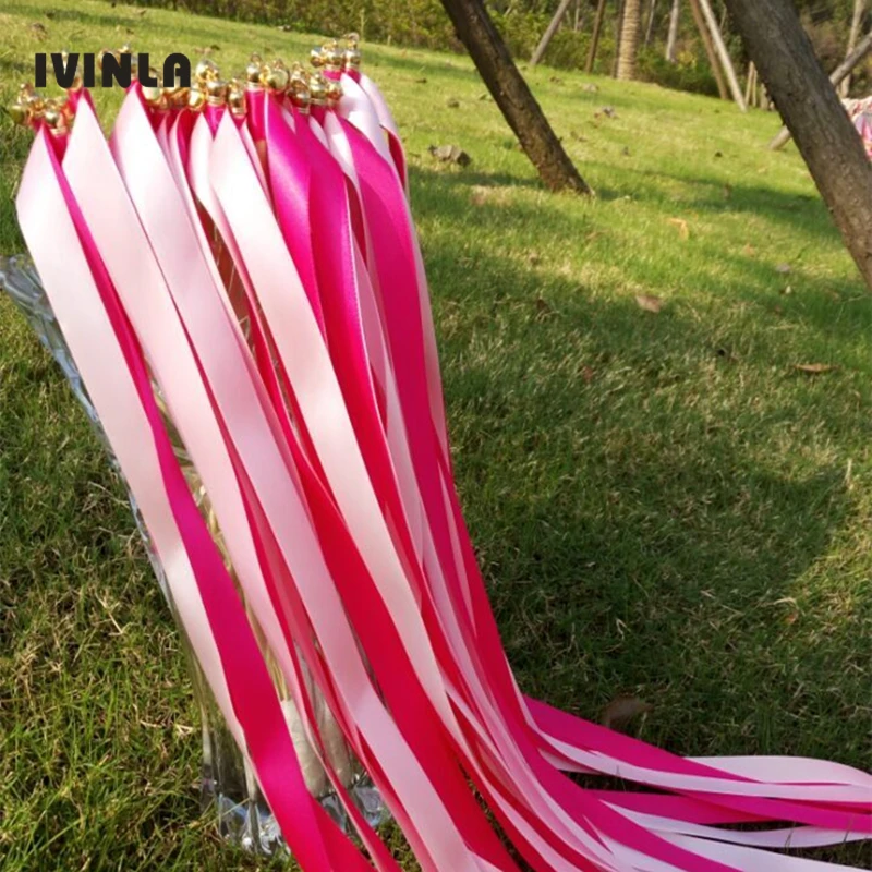 50 шт./лот fushia и розовая лента свадебные палочки с золотыми колокольчиками для