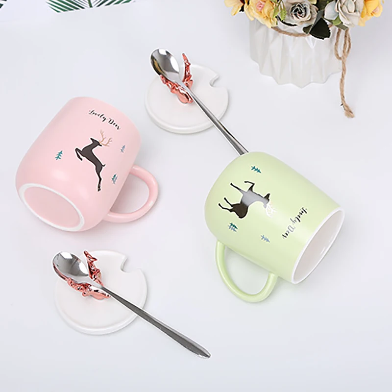 Ceramic Milk Mug Coffee Cups Cover Drink-ware Deer Pattern Christmas Gift Cafe Office Animal Image Tableware Kitchen Utensil | Дом и сад