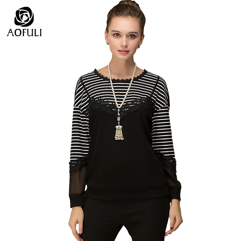 AOFULI L-Xxxl 4xl 5xl женский полосатый пуловер с длинными рукавами цветочный кружевной