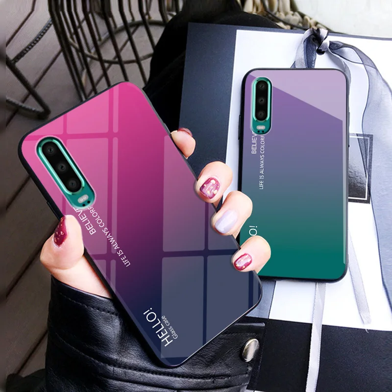 Чехол для huawei P30 градиент закаленное Стекло задней панели + мягкий резиновый