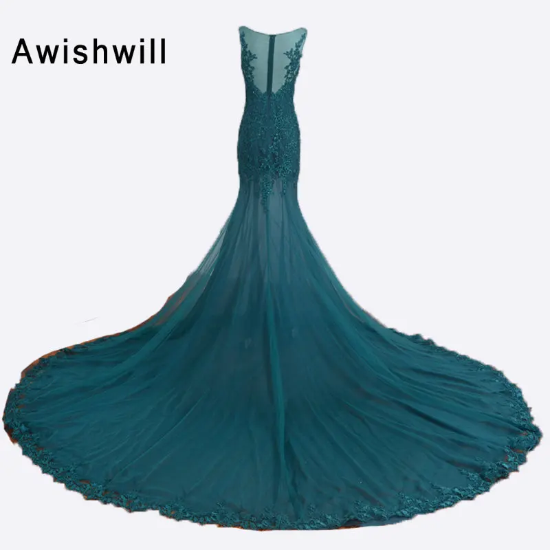 Новая мода Прозрачная Кружевная Апликация длинный Тюль Vestido de Formatura вечерние