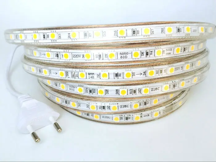 220В 5050 SMD 300 Светодиодная лента + Вилка питания 1 м/2 м/3 м/4 м/5 м/10 м/15 м/20 м белый/теплый