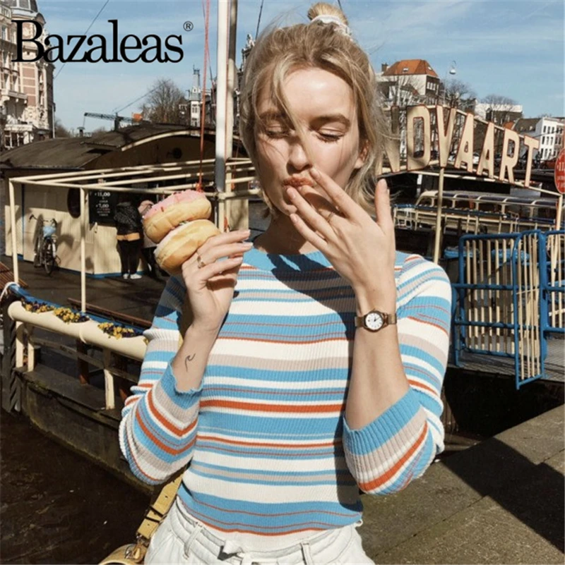 Базовая водолазка Bazaleas с длинным рукавом синий цветной свитер в полоску