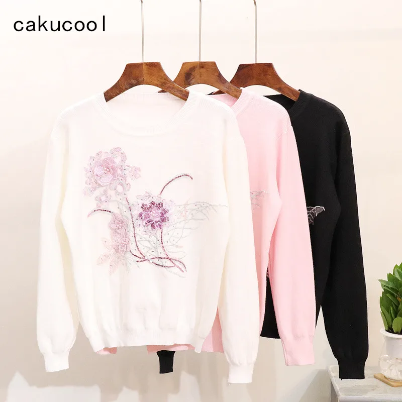 Cakucool Новый 2019 Embroid вязаная футболка для женщин круглый средства ухода за кожей