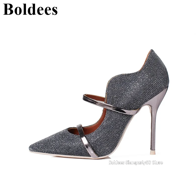 

Fashion Pointed Toe Bling Bling High Heel Dress Shoes Woman Pumps Sexy Shallow Mouth Colorblock Straps Stylish Office Shoes