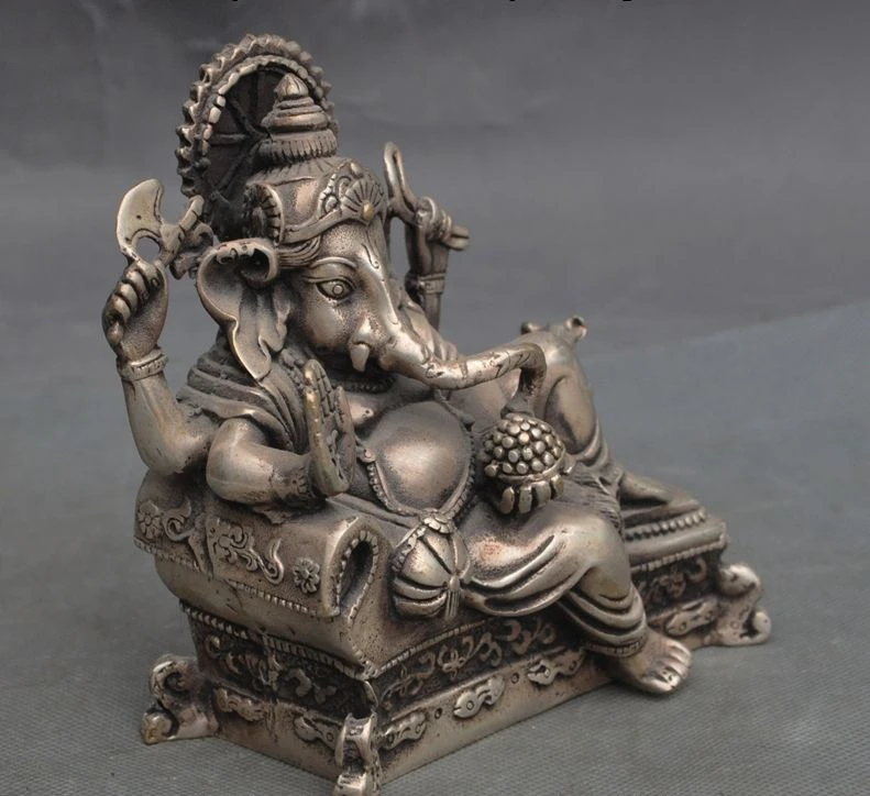Старый тибетский буддийский храм серебро 4 руки слон джамбала маммон Бог Будда