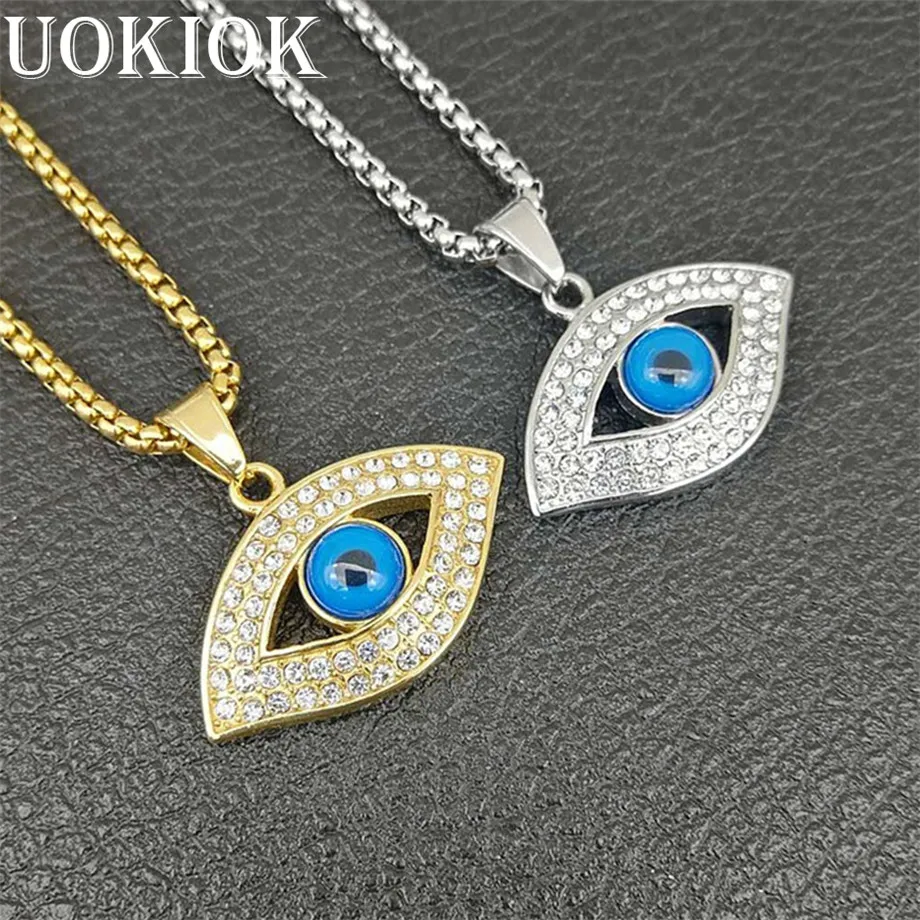 

Turkish Eye Pendant With Stainless Steel Chain And Iced Out Bling Rhinestones Amulet Necklace Hip Hop Turkish Jewelry