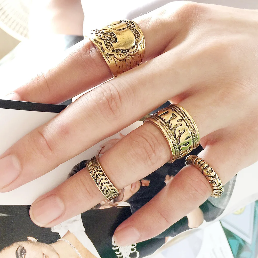 4 шт. набор колец миди для женщин и девочек античное золото покрытый серебром слон