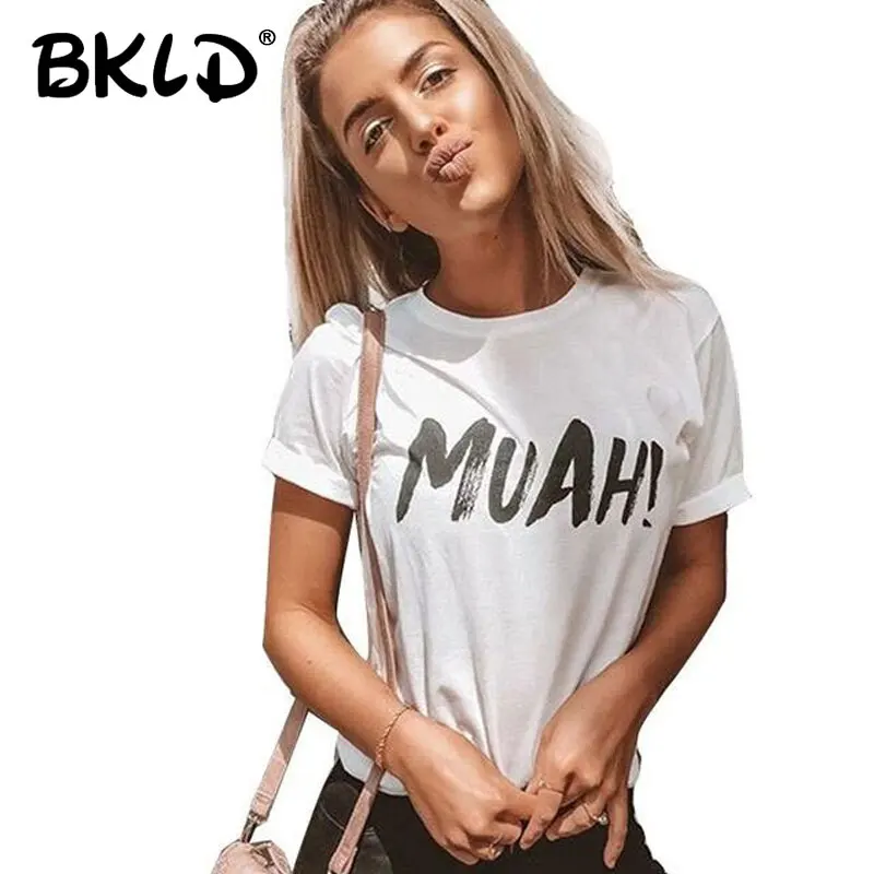 BKLD женская футболка с коротким рукавом, Повседневная хлопковая футболка! Женская футболка с буквенным принтом, топы, лето 2019, женские футболки, одежда