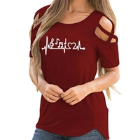 fashion t shirt for women bandage off shoulder music notes heartbeat letters print top t shirt women plus size summer tops