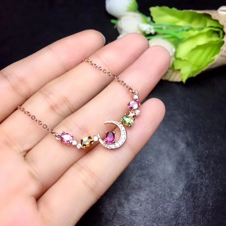 Natural Multicolor tourmaline Necklace Gemstone Pendant S925 sliver trendy Lovely Moon girl party gift Jewelry | Украшения и