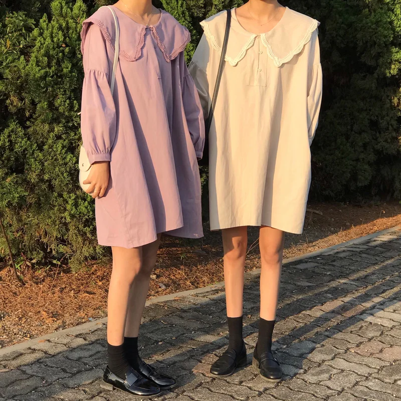 2 цвета весна осень в стиле преппи свободное однотонное платье с длинными