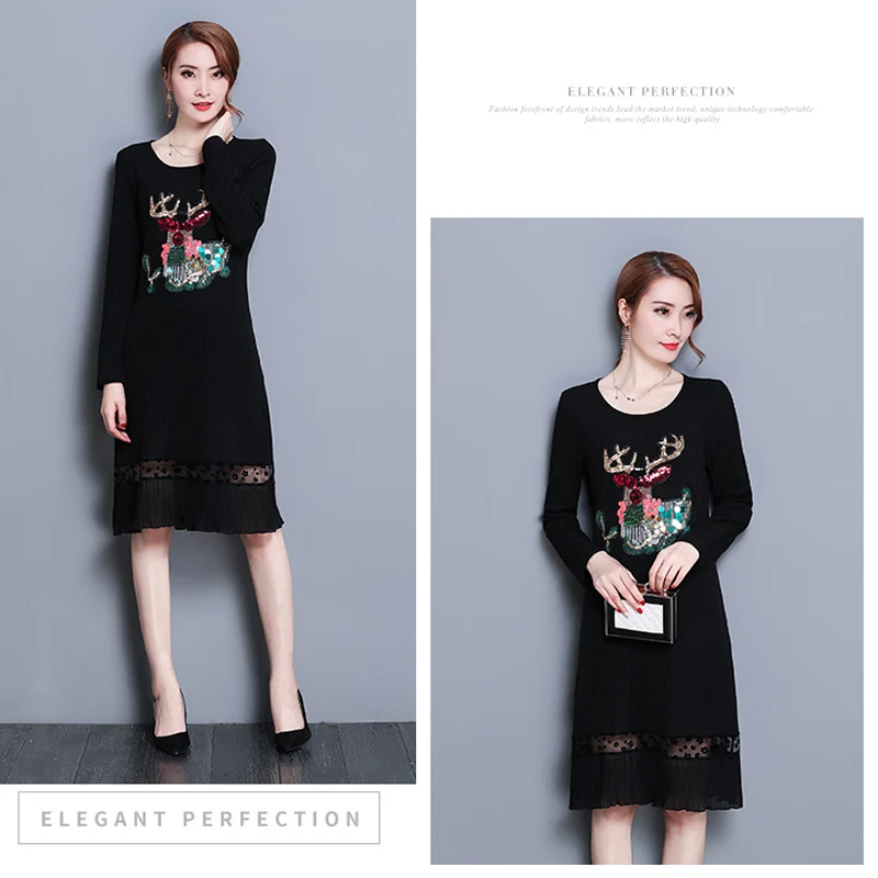2018 Lagenlook knitting Cotton Solid Color Dress Women Autumn Plus Size Long Sleeve Fawn Sequin Embroidery Lace Stitching | Женская