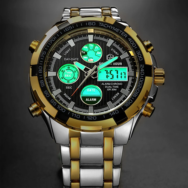 

GOLDENHOUR Fashion Men Watch Classic Business Quartz Watches Man Stainless Steel Waterproof Wristwatches Week Display Male Clock