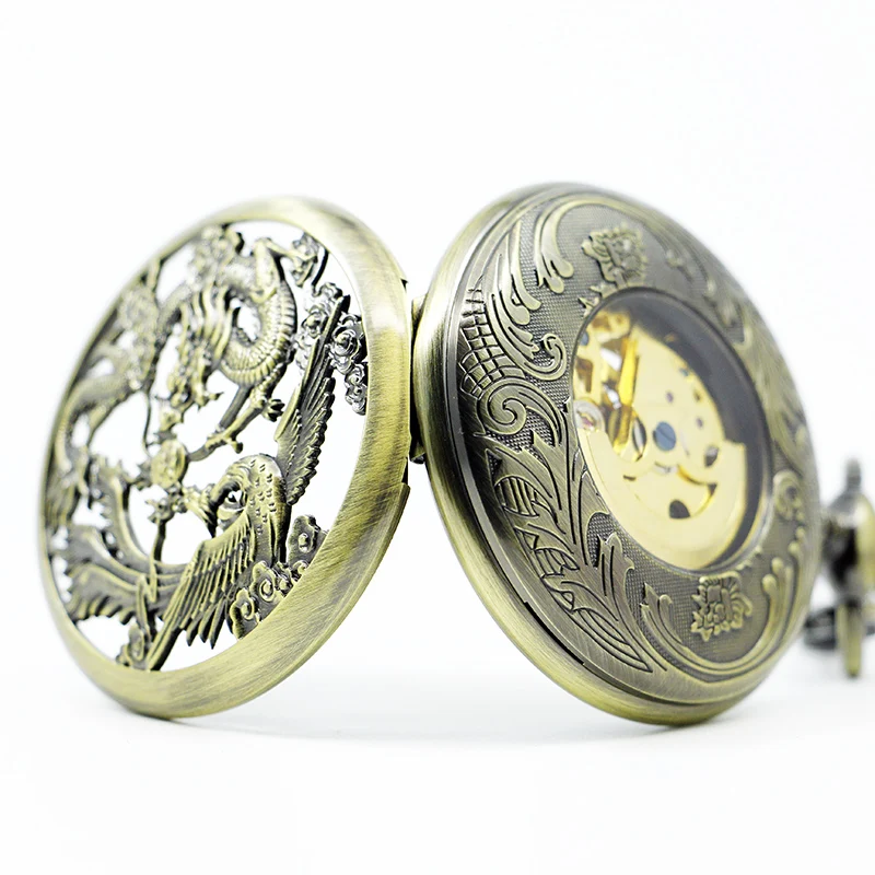 Chinese Flying Dragon&Phoenix Mechanical Pocket Watch Skeleton Steampunk Watches Chains Fob Clip Clock Gift PJX1272 | Наручные часы
