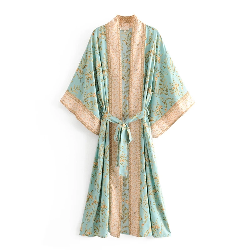 Boho шикарное летнее винтажное кимоно с цветочным принтом для женщин Модный кардиган с поясом пляжные блузки рубашки Blusas Mujer