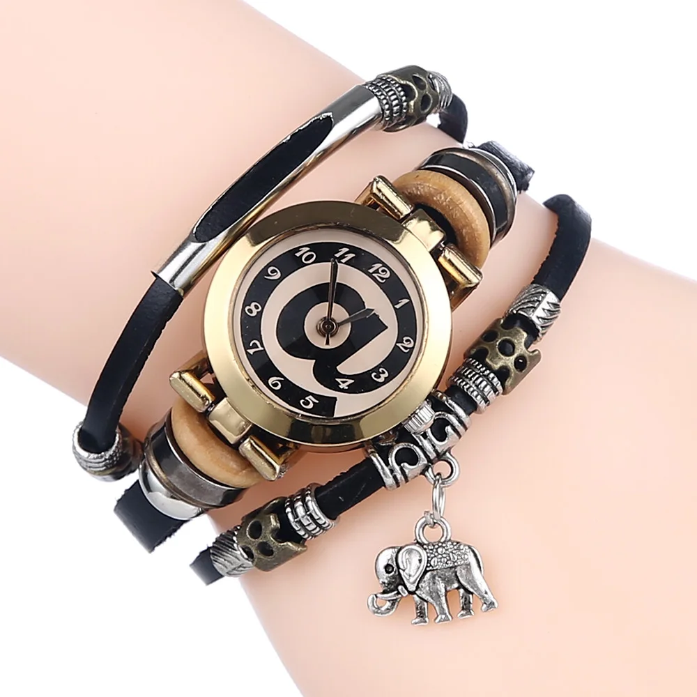 Женские кварцевые часы со слоном и браслетом из нержавеющей стали|charms black|charm