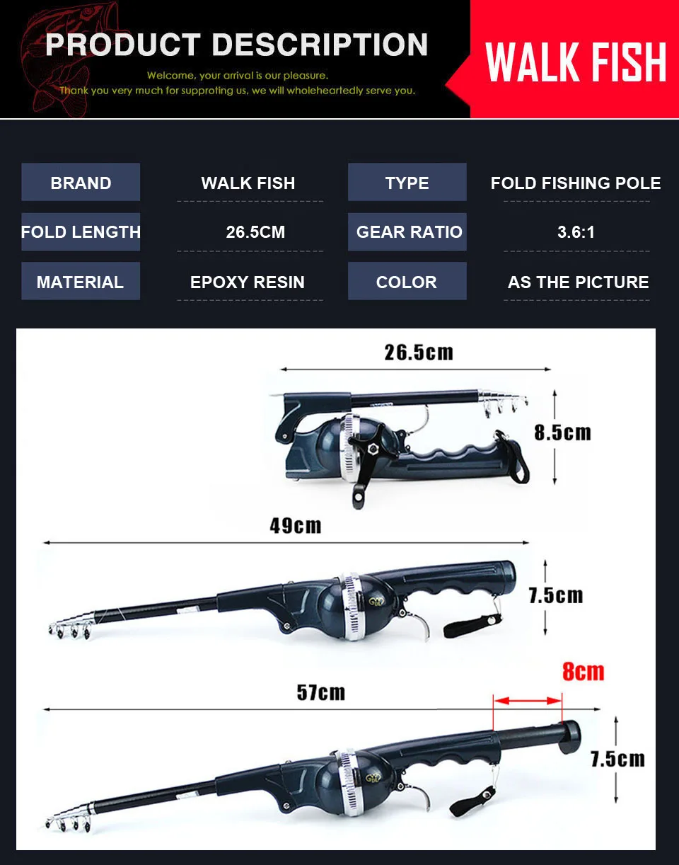 WALK FISH портативная складная удочка для ловли карпа 134 см, складная удочка для рыбалки, телескопическая удочка для ловли с леской