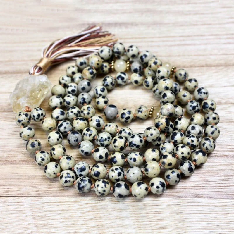 Spiritual Rough Stone Pendant Boho Jewelry Dalmatian J-asper 108 Mala Beads Collar Knotted Tassel Necklace Raw C-itrine Q-uartz | Украшения